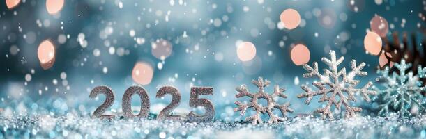 Silver Snowflakes and 2025 Displayed on a Sparkling Surface With Soft Winter Lights photo