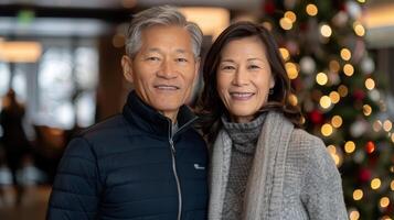 Happy Couple Celebrating Christmas With Cake in Cozy Indoor Setting photo