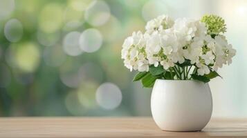 White Hydrangea Bouquet in Simple Vase on Wooden Table Background photo