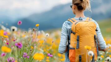 Hiker Exploring Vibrant Meadows Near a Serene Lake in Overcast Weather photo