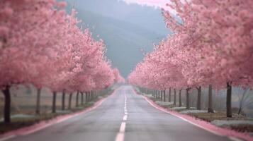 Serene Cherry Blossom Pathway in Early Spring Sunset Garden photo