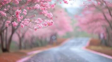 Serene Cherry Blossom Pathway in Early Spring Sunset Garden photo