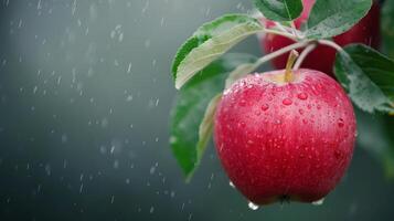 Fresh Red Apple Hanging on Tree Branch With Raindrops in Orchard photo