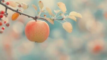 Fresh Red Apple Hanging on Tree Branch With Raindrops in Orchard photo