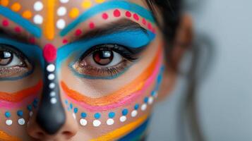 Vibrant Face Paint Art Displayed on Model With Intricate Design in Studio Setting photo