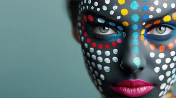 Vibrant Face Paint Art Displayed on Model With Intricate Design in Studio Setting photo