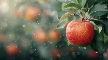 Fresh Red Apple Hanging on Tree Branch With Raindrops in Orchard photo