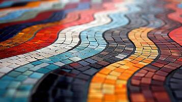 Colorful Mosaic Art Featuring Curved Patterns and Diverse Tiles in Vibrant Compositions photo