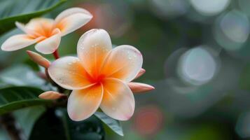 Delicate Plumeria Blossoms Under Soft Rain in Tropical Garden photo