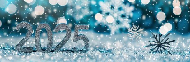 Silver Snowflakes and 2025 Displayed on a Sparkling Surface With Soft Winter Lights photo