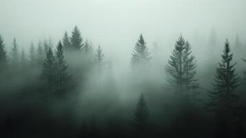 Misty Forest Landscape With Tall Pine Trees at Dawn photo
