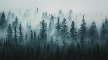 Misty Forest Landscape With Tall Pine Trees at Dawn photo