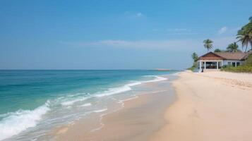Serene Coastal View of a Beachfront Mansion at Sunrise photo