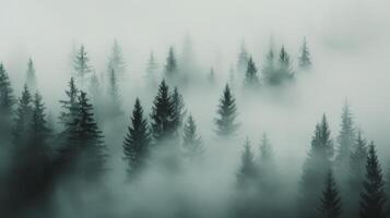 Misty Forest Landscape With Tall Pine Trees at Dawn photo