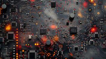 Close-Up of Circuit Board With Microprocessor and Glowing Components in Dark Background photo