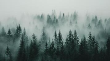 Misty Forest Landscape With Tall Pine Trees at Dawn photo