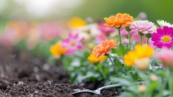 Gardening in Springtime With Colorful Flowers and Soil Preparation photo