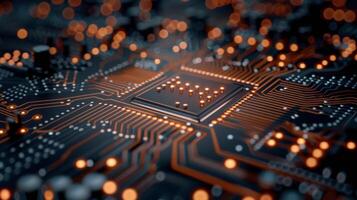 Close-Up of Circuit Board With Microprocessor and Glowing Components in Dark Background photo