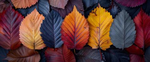 Colorful Autumn Leaves Arranged on Dark Background in Natural Display photo