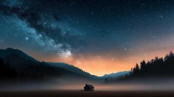 Starlit Landscape With Cabin Amidst Mountains at Dusk photo