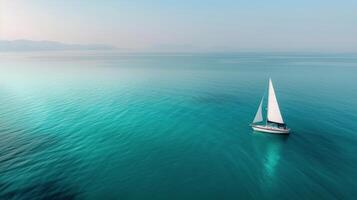 Calm Waters With A White Boat Floating In The Early Morning Light photo