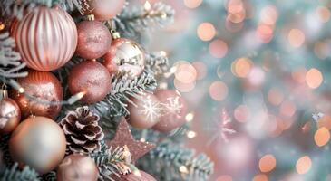 Decorated Christmas Tree With Pink Ornaments and Sparkling Lights in Cozy Atmosphere photo