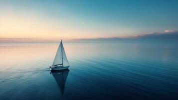 Calm Waters With A White Boat Floating In The Early Morning Light photo
