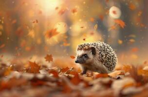 erizo en otoño hojas con que cae hojas en un bosque ajuste foto