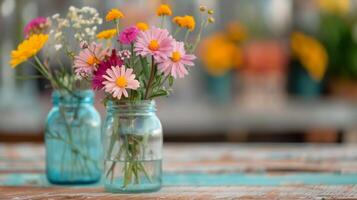 Fresh Floral Arrangement in Gray and White Vases on Wooden Table photo