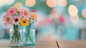 Fresh Floral Arrangement in Gray and White Vases on Wooden Table photo