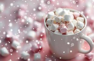 Cozy Mug of Marshmallows With Holiday Bokeh Background in Winter Setting photo