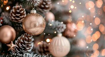 Decorated Christmas Tree With Pink Ornaments and Sparkling Lights in Cozy Atmosphere photo