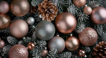 Elegant Christmas Tree Decorated With Ornaments and Pinecones in Soft Evening Light photo