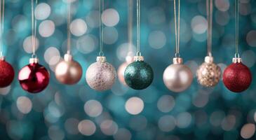 Decorative Christmas Ornaments Hanging Against a Soft Blue Background photo