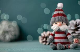 Cozy Handcrafted Knitted Snowman Toy With Red and Gray Hat on Light Green Background photo