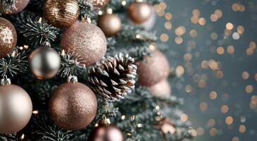 Elegant Christmas Tree Decorated With Ornaments and Pinecones in Soft Evening Light photo