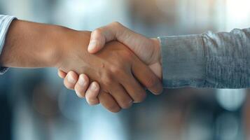 Two Individuals Shaking Hands in a Bright Indoor Setting photo