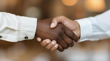 Two Individuals Shaking Hands in a Bright Indoor Setting photo