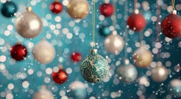 Decorative Christmas Ornaments Hanging Against a Soft Blue Background photo