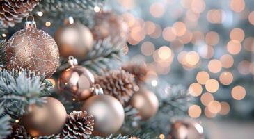 Elegant Christmas Tree Decorated With Ornaments and Pinecones in Soft Evening Light photo