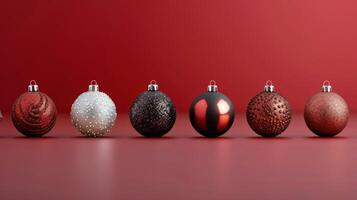 Colorful Christmas Ornaments Displayed on Red Background in Festive Arrangement photo