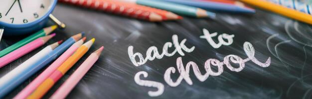 Colorful Pencils in Jar With Back to School Message and Clock on Desk photo