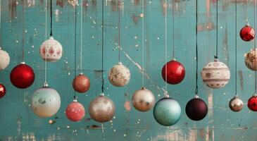Decorative Christmas Ornaments Hanging Against a Soft Blue Background photo