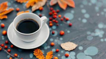 Cozy Coffee Cup Surrounded by Autumn Leaves and Berries on a Rustic Table photo