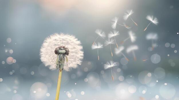 Dandelion Seed Head With Flying Seeds Under Soft Light photo