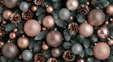 Elegant Christmas Tree Decorated With Ornaments and Pinecones in Soft Evening Light photo
