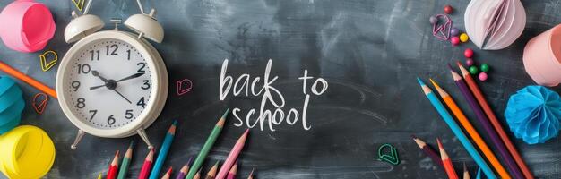 Back To School Supplies On Blackboard With Clock And Colorful Stationery photo