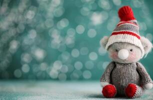 Festive Knit Snowman Ornament on Soft Green Background With Bokeh Lights photo