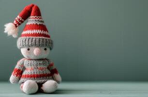 Cozy Handcrafted Knitted Snowman Toy With Red and Gray Hat on Light Green Background photo