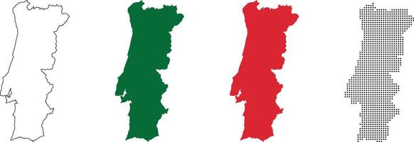 Portugal map in various style outline, green, red, dotted style vector